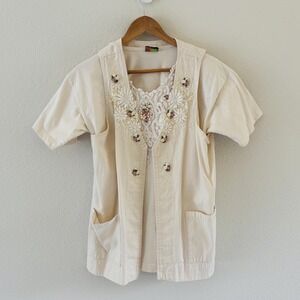 Vtg Cactus California Top Vest Set Womens L Lace Floral Cottage Coastal Cowgirl